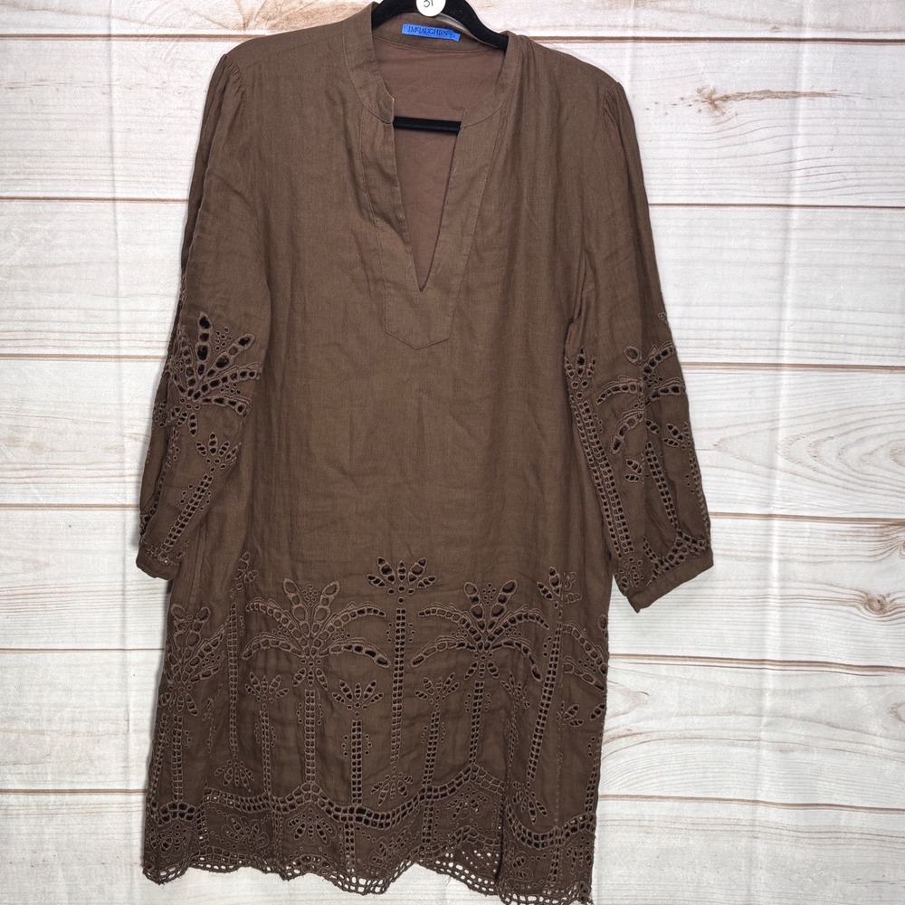 J.McLaughlin Brown Linen Blend Palm Tree Eyelet Embroidery Tunic Dress Large